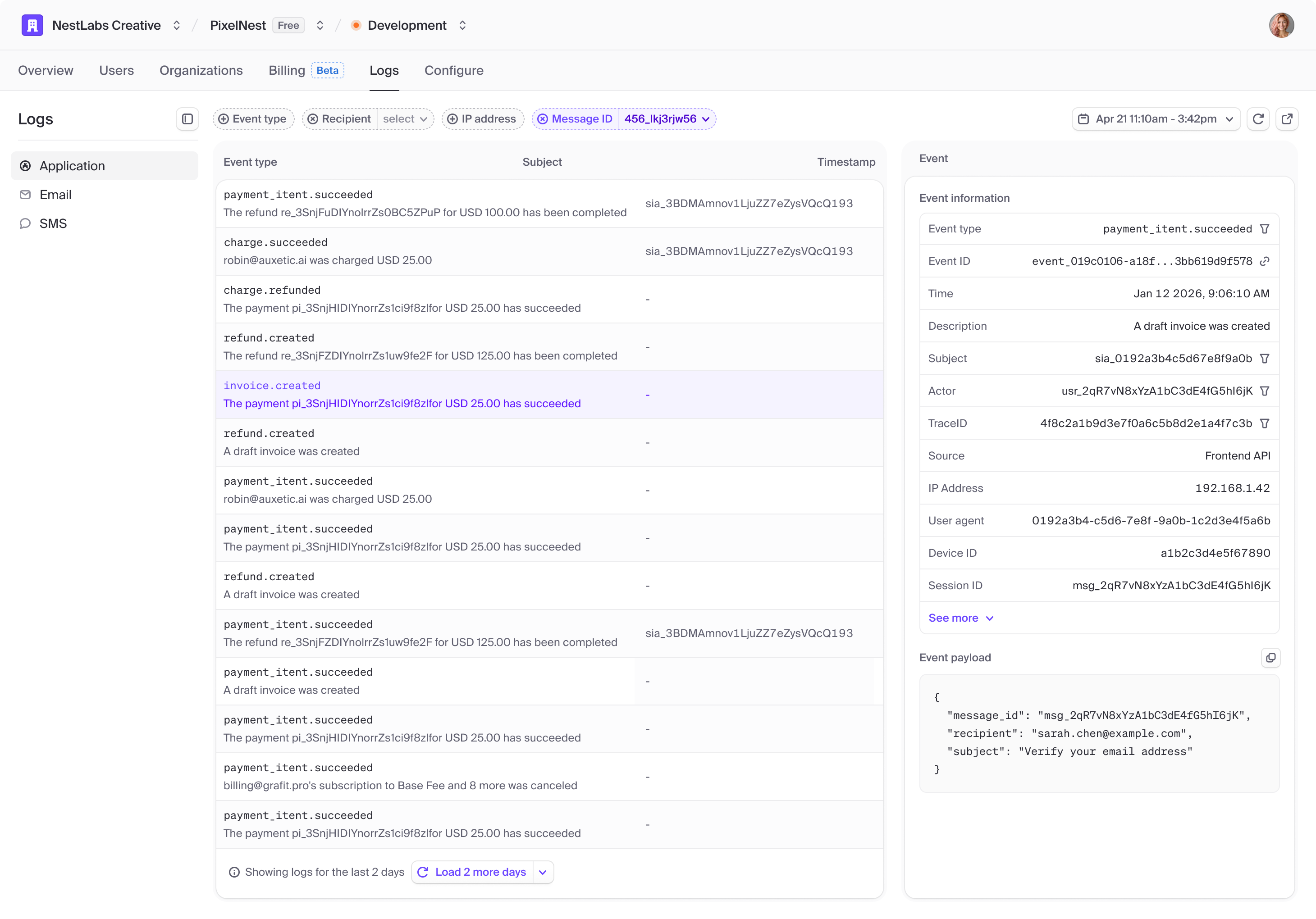 Clerk dashboard users list with selected user detail