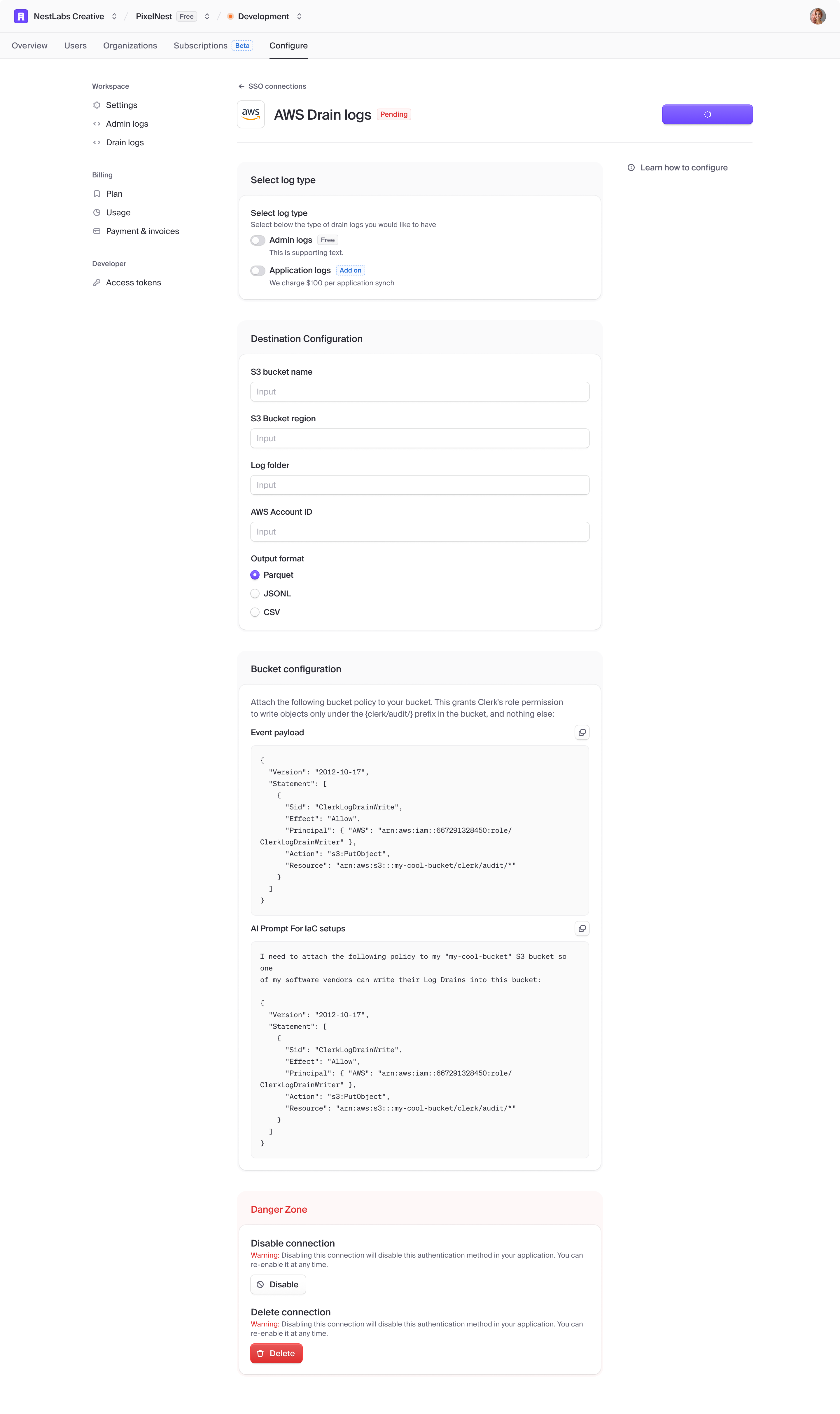 Clerk logs configuration and danger zone