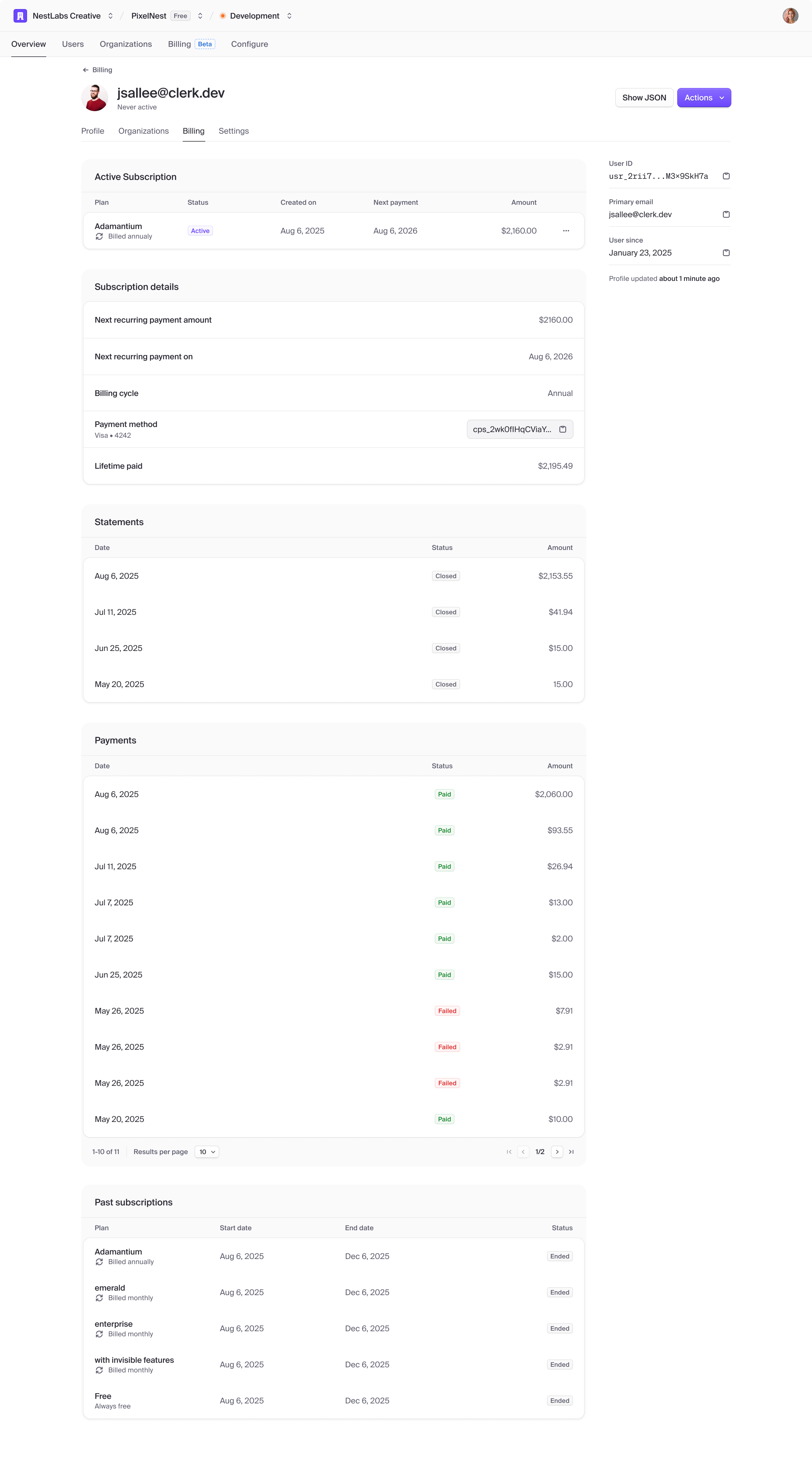 User billing, subscriptions, and payment history